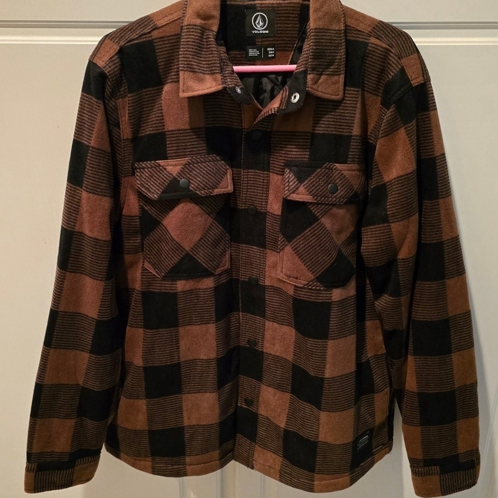 Volcom Men's Checkered Shirt Jacket in Brown and Black